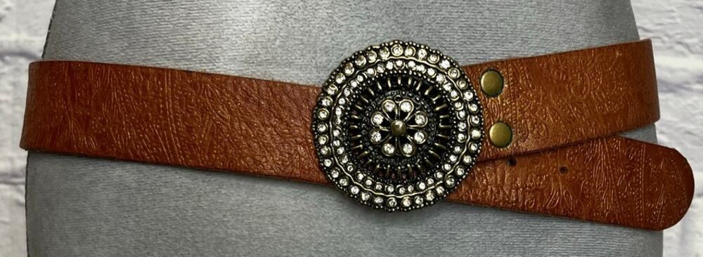 Boho Fossil Tooled Leather Belt with Bedazzled Medallion Style Buckle
